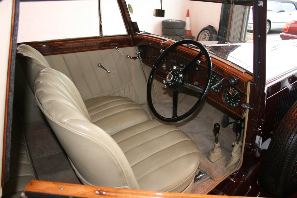 Interior of 1938 Bentley 4 1/4, which has a white interior all over. 