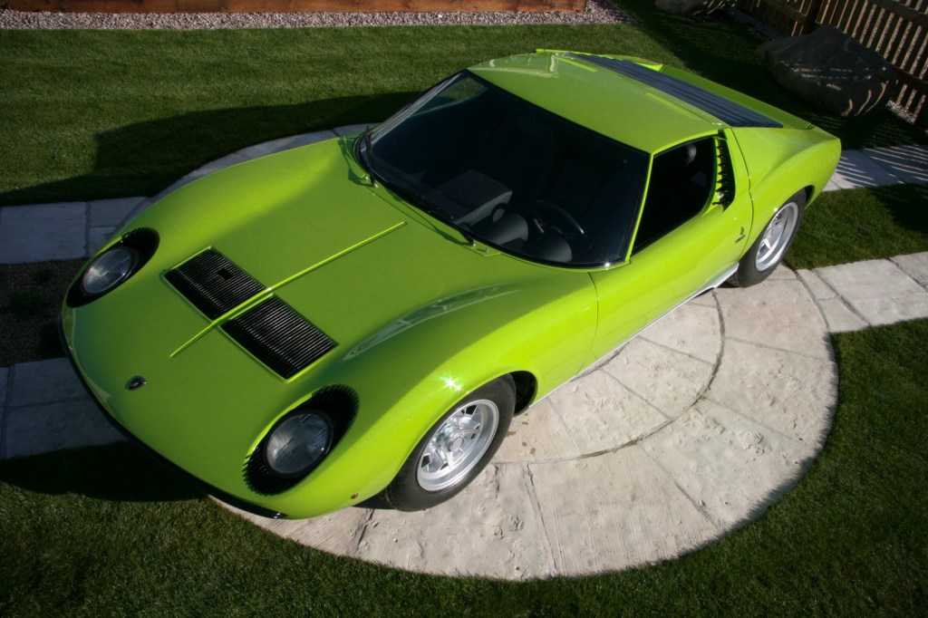 Overhead view of a green Lamborghini Miura.